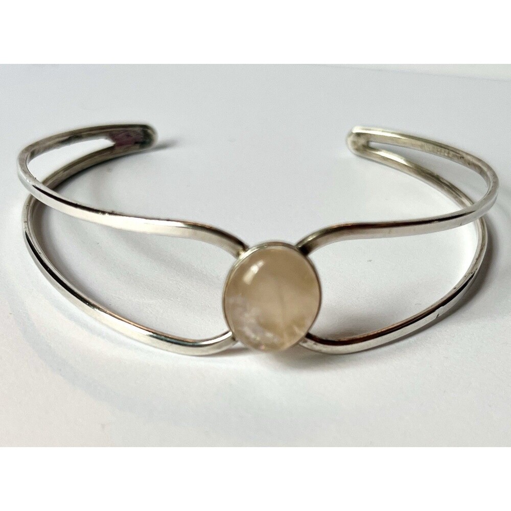 Sterling Silver Open Cuff Bracelet Cabochon Pink Rose Stone Minimalist 7g